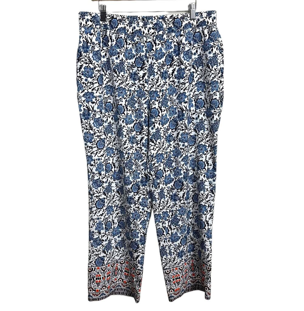 Talbots Blue White Paisley Floral Pull On Wide Leg Cropped Ankle Pants 14
